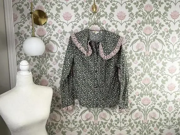 BODEN Green & Pink Floral Ruffle Statement Collar Long Sleeve Blouse - Size - 6 - Picture 4 of 10